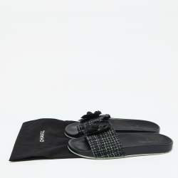 Chanel Black/Green Tweed Grosgrain Camellia Slide Sandals Size 42