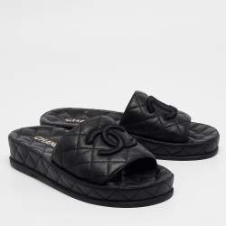 Chanel Black Quilted Leather CC Slide Sandals Size 37
