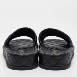 Chanel Black Quilted Leather CC Slide Sandals Size 37