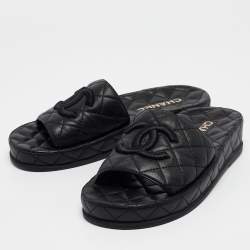 Chanel Black Quilted Leather CC Slide Sandals Size 37