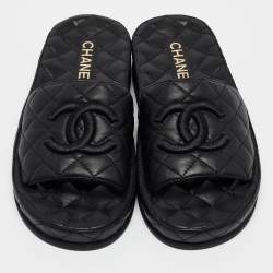 Chanel Black Quilted Leather CC Slide Sandals Size 37