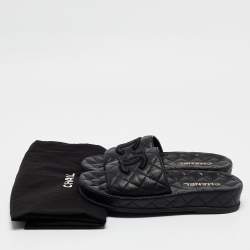 Chanel Black Quilted Leather CC Slide Sandals Size 37