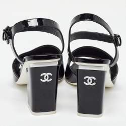Chanel Black Patent Leather CC Block Heel Ankle Strap Sandals 40