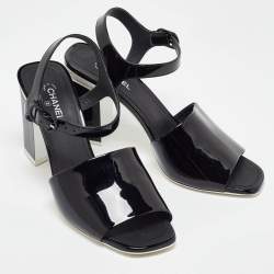 Chanel Black Patent Leather CC Block Heel Ankle Strap Sandals 40
