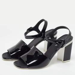 Chanel Black Patent Leather CC Block Heel Ankle Strap Sandals 40