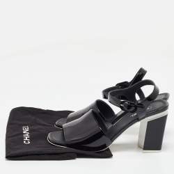 Chanel Black Patent Leather CC Block Heel Ankle Strap Sandals 40
