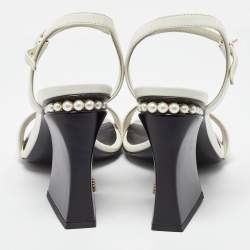 Chanel White Leather CC Block Heel Ankle Strap Sandals Size 39.5