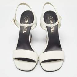 Chanel White Leather CC Block Heel Ankle Strap Sandals Size 39.5