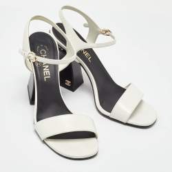 Chanel White Leather CC Block Heel Ankle Strap Sandals Size 39.5