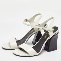Chanel White Leather CC Block Heel Ankle Strap Sandals Size 39.5