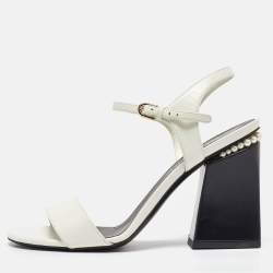 Chanel White Leather CC Block Heel Ankle Strap Sandals Size 39.5