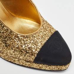 Pre Owned Chanel Gold/Black Glitter and Fabric Cap Toe Platform Slingback Pumps Size 40