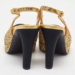 Pre Owned Chanel Gold/Black Glitter and Fabric Cap Toe Platform Slingback Pumps Size 40