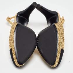 Pre Owned Chanel Gold/Black Glitter and Fabric Cap Toe Platform Slingback Pumps Size 40