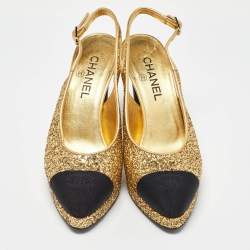 Pre Owned Chanel Gold/Black Glitter and Fabric Cap Toe Platform Slingback Pumps Size 40