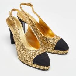 Pre Owned Chanel Gold/Black Glitter and Fabric Cap Toe Platform Slingback Pumps Size 40