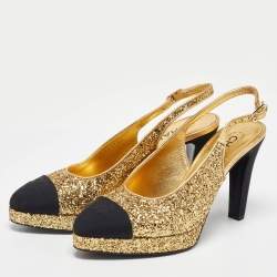 Pre Owned Chanel Gold/Black Glitter and Fabric Cap Toe Platform Slingback Pumps Size 40