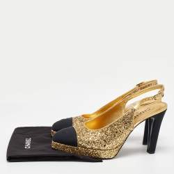 Pre Owned Chanel Gold/Black Glitter and Fabric Cap Toe Platform Slingback Pumps Size 40