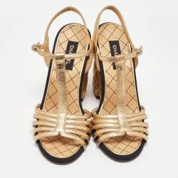 Chanel Gold Leather CC Interlocking Quilted Wedge Sandals Size 40