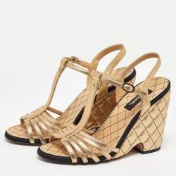 Chanel Gold Leather CC Interlocking Quilted Wedge Sandals Size 40