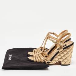 Chanel Gold Leather CC Interlocking Quilted Wedge Sandals Size 40