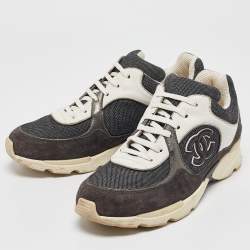 Pre Owned Chanel Grey/White Canvas and Leather CC Low Top Sneakers Size 38.5