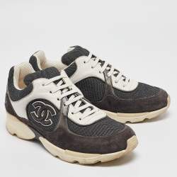 Pre Owned Chanel Grey/White Canvas and Leather CC Low Top Sneakers Size 38.5