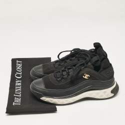 Pre Owned Chanel Black Leather and Neoprene CC Low Top Sneakers Size 39