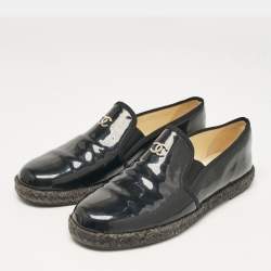 Pre Owned Chanel Black Patent Leather CC Espadrille Loafers Size 39
