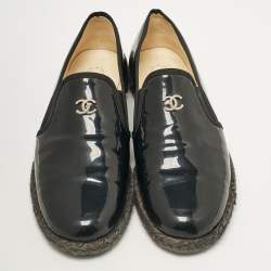 Pre Owned Chanel Black Patent Leather CC Espadrille Loafers Size 39