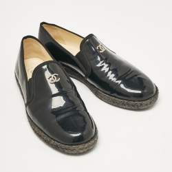 Pre Owned Chanel Black Patent Leather CC Espadrille Loafers Size 39