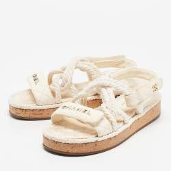 Pre Owned Chanel Cream Quilted Leather and Rope CC Dad Sandals Size 39