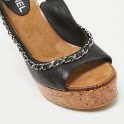 Chanel Black Leather CC Chain Link Cork Platform Wedge Sandals Size 40