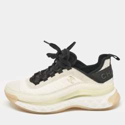 Pre Owned Chanel White/Black Fabric and Suede CC Low Top Sneakers Size 38