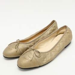 Pre Owned Chanel Gold Quilted Caviar Leather CC Ballet Flats Size 40