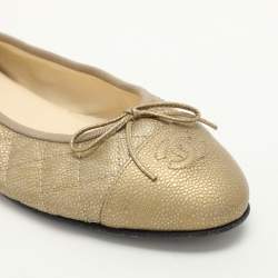 Pre Owned Chanel Gold Quilted Caviar Leather CC Ballet Flats Size 40