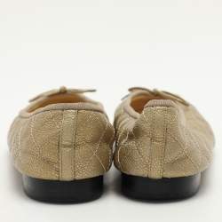 Pre Owned Chanel Gold Quilted Caviar Leather CC Ballet Flats Size 40