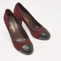 Pre Owned Chanel Burgundy/Black Suede and Leather CC Platform Pumps Size 38