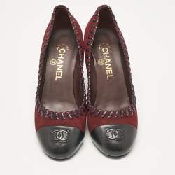 Pre Owned Chanel Burgundy/Black Suede and Leather CC Platform Pumps Size 38