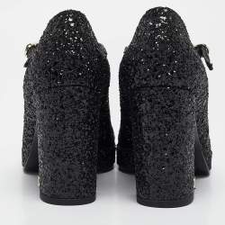 Pre Owned Chanel Black Glitter and Leather CC Platform Mary Jane Pumps Size 37