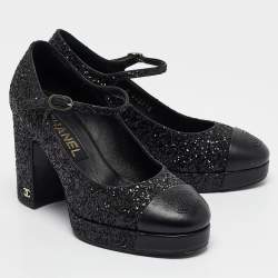 Pre Owned Chanel Black Glitter and Leather CC Platform Mary Jane Pumps Size 37