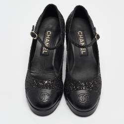 Pre Owned Chanel Black Glitter and Leather CC Platform Mary Jane Pumps Size 37