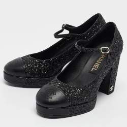 Pre Owned Chanel Black Glitter and Leather CC Platform Mary Jane Pumps Size 37