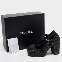 Pre Owned Chanel Black Glitter and Leather CC Platform Mary Jane Pumps Size 37