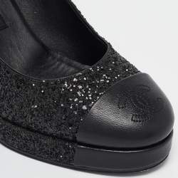 Pre Owned Chanel Black Glitter and Leather CC Platform Mary Jane Pumps Size 37