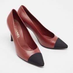 Chanel Burgundy/Black Leather and Fabric Cap Toe Pumps Size 39