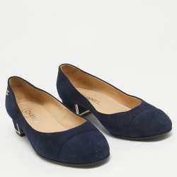 Pre Owned Chanel Navy Blue Suede CC Pumps Size 38.5