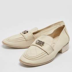 Chanel Off White Leather CC Buckle Loafers Size 35