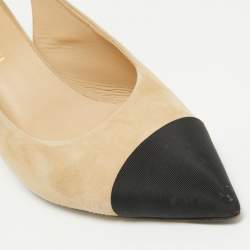 Chanel Beige/Black Leather and Suede Cap Toe Slingback Pumps Size 41