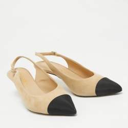 Chanel Beige/Black Leather and Suede Cap Toe Slingback Pumps Size 41